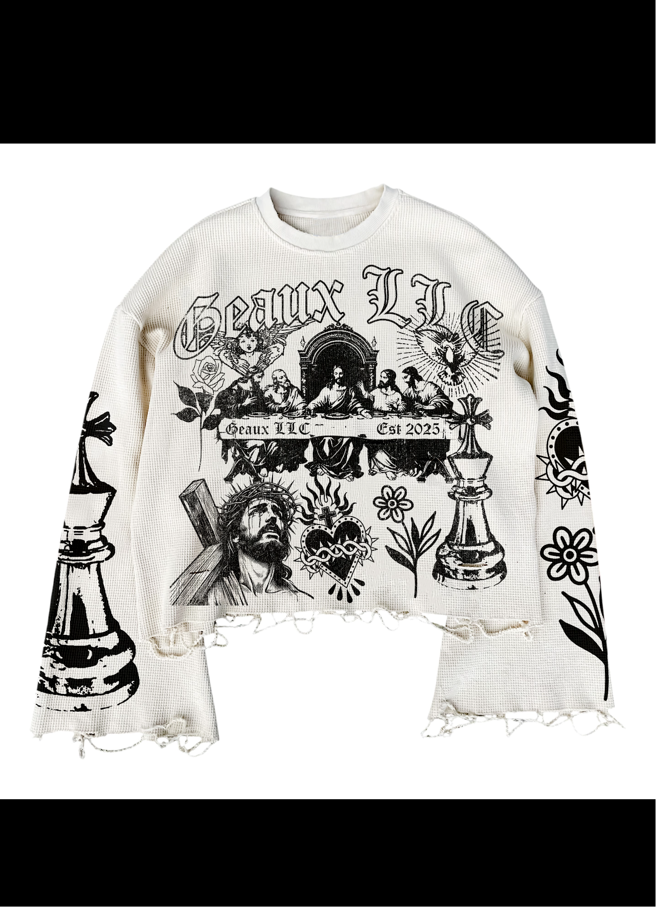 “Game of Life” Distressed white sweater