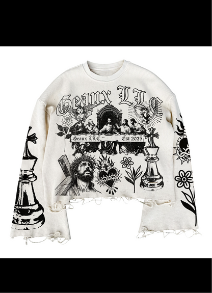 “Game of Life” Distressed white sweater